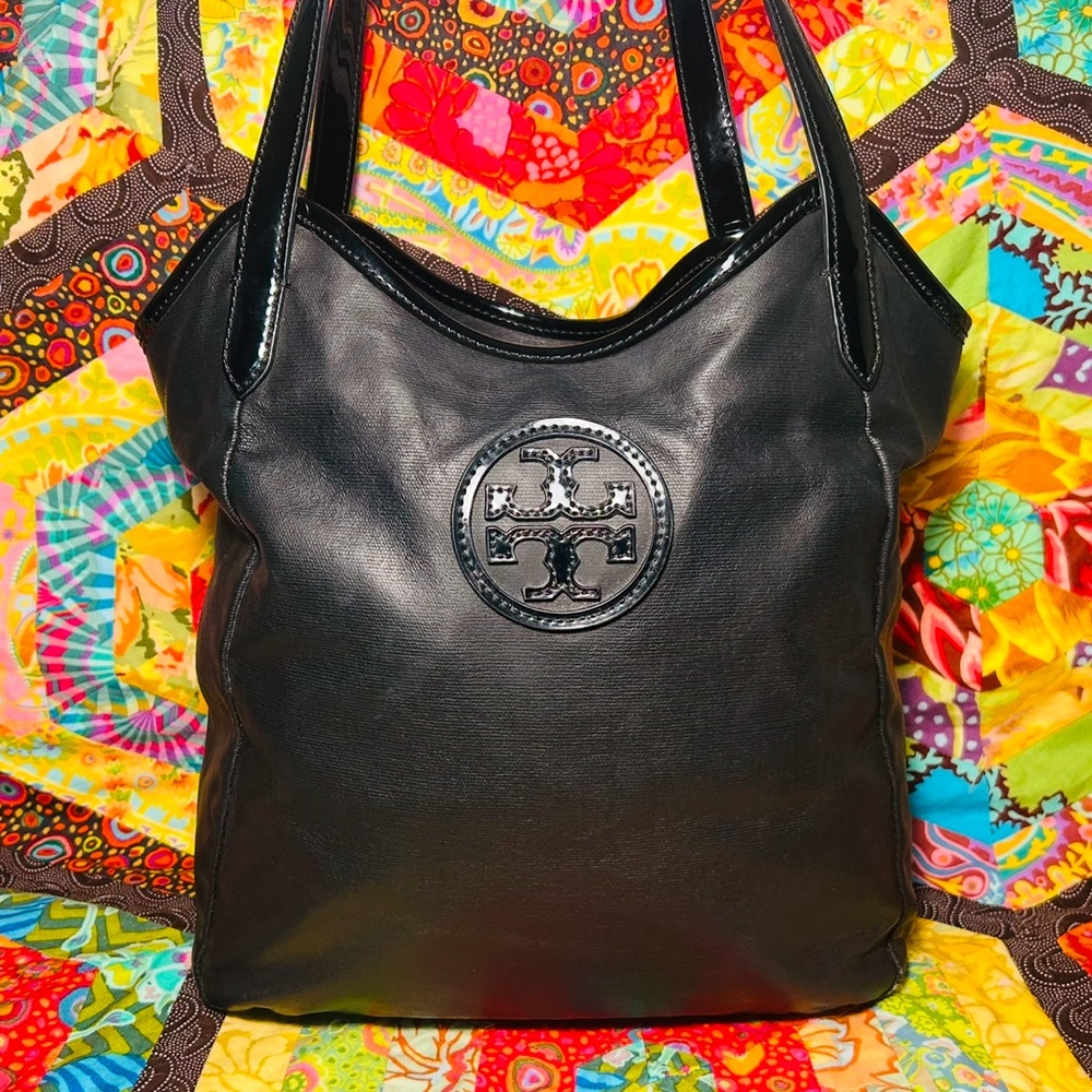 Tory Burch Bag Black Dipped Canvas and Patent Leather Trimmed Tote Bag